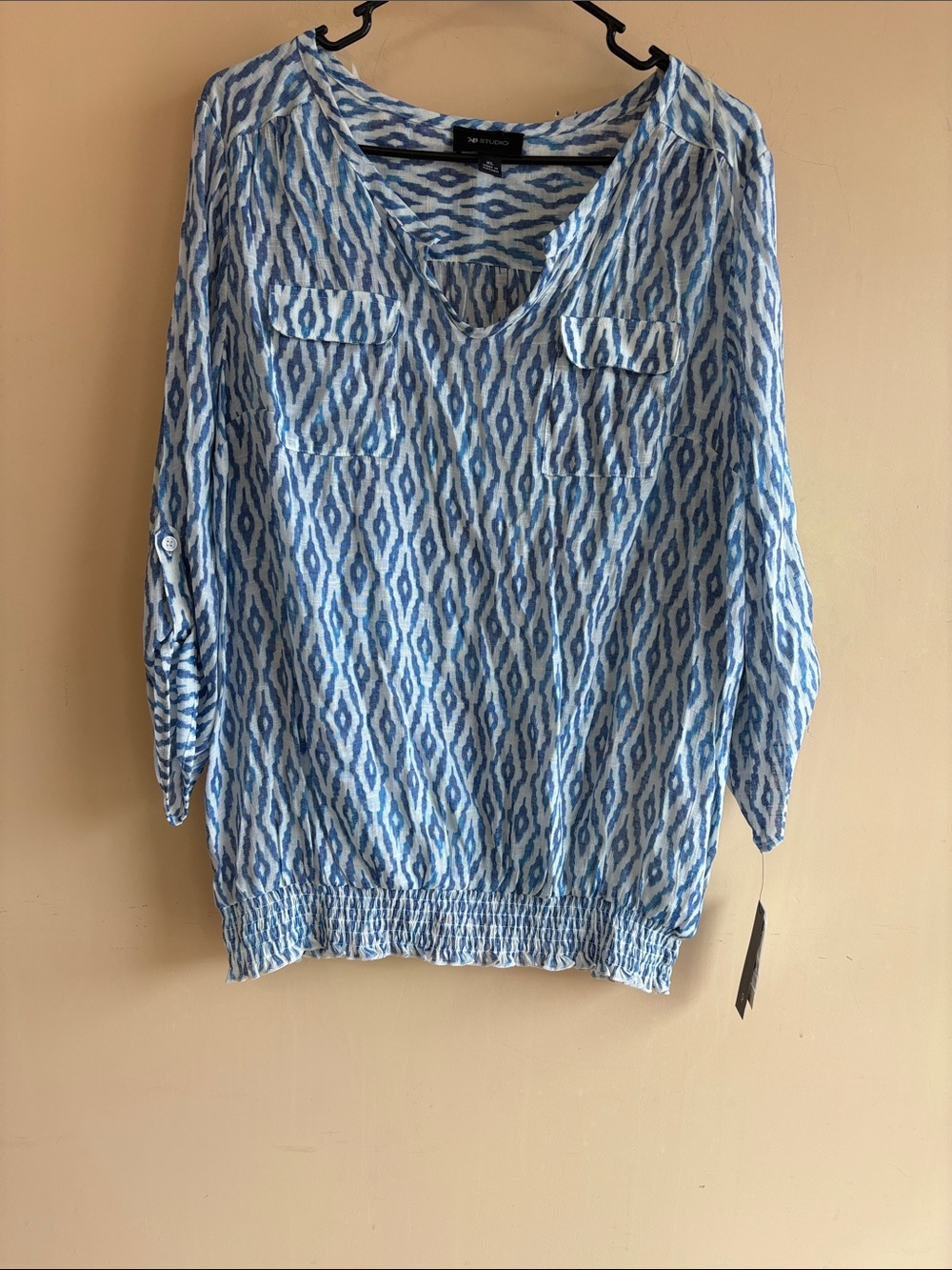 AB Studio Blue Patterned Button-Down V-Neck Blouse
